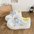 Blue korean style high-value plaid bowknot chunky sole sneakers women's 2026 summer new arrival niche campus white shoes
