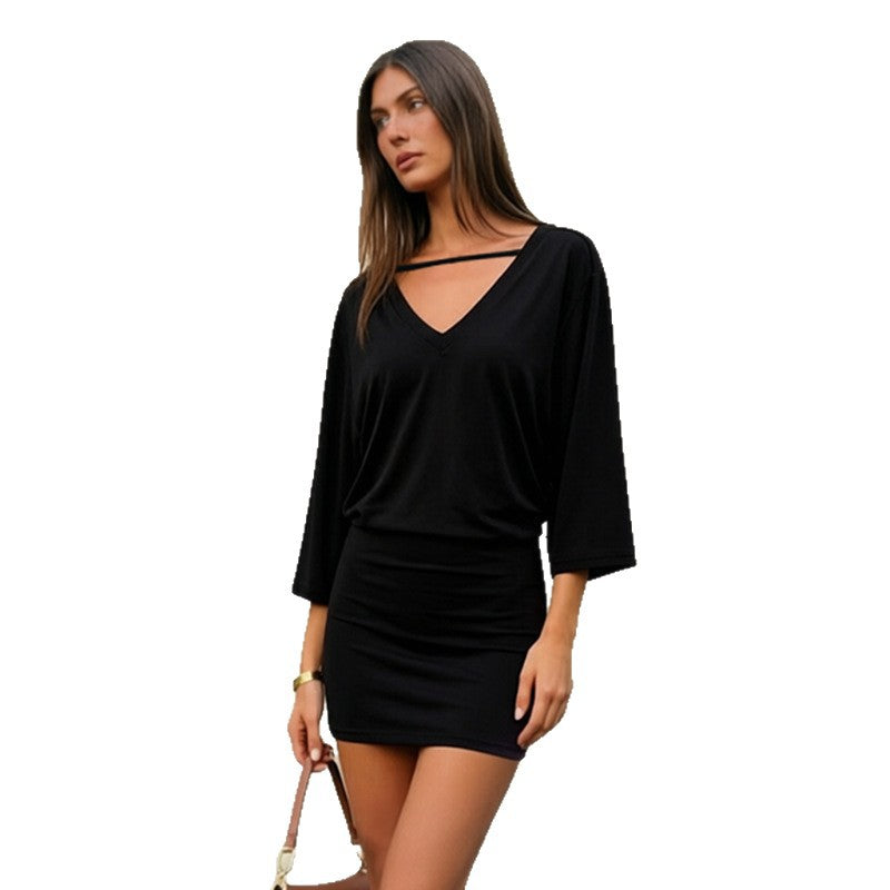 European and american export women's clothing  summer new fashion v-neck solid color loose short sleeve open back bodycon dress