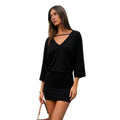 European and american export women's clothing  summer new fashion v-neck solid color loose short sleeve open back bodycon dress