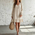 French chic plus size beige mini skirt - v-neck, button-down, ruffle cuffs & hem, loose fit, slimming, curvy women's clothing (size 168)