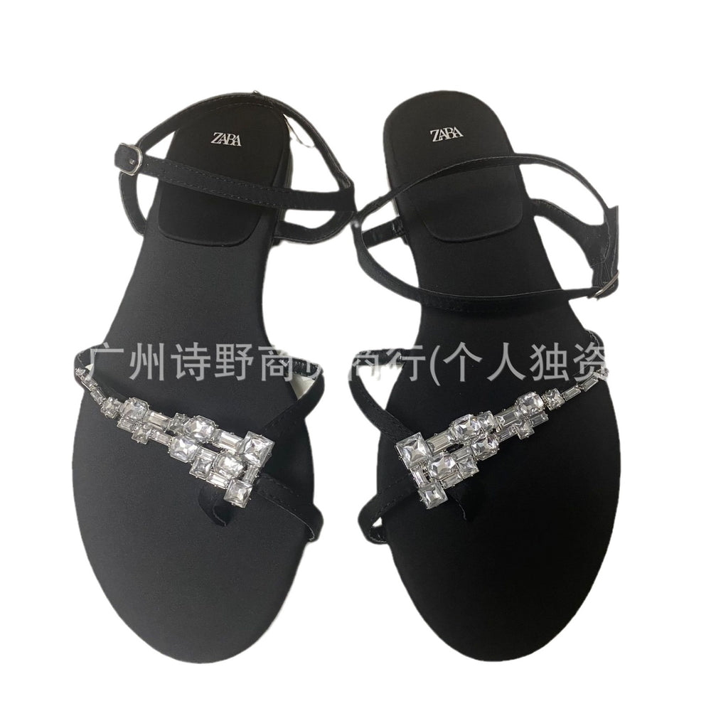 Za2024new arrival rhinestone flip-flop sandals women's summer one-word buckle strap fashioneasiest for matchflats fairy flip-flop slippers