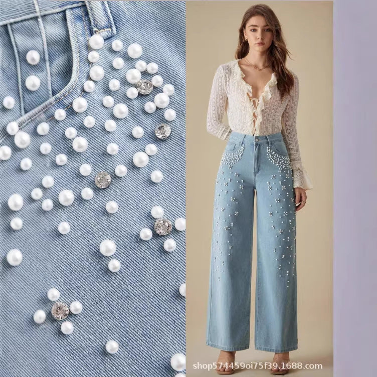 new arrivals: , tiktok, pinduoduo, cross-border e-commerce, european & american style, washed denim, beaded women's trousers