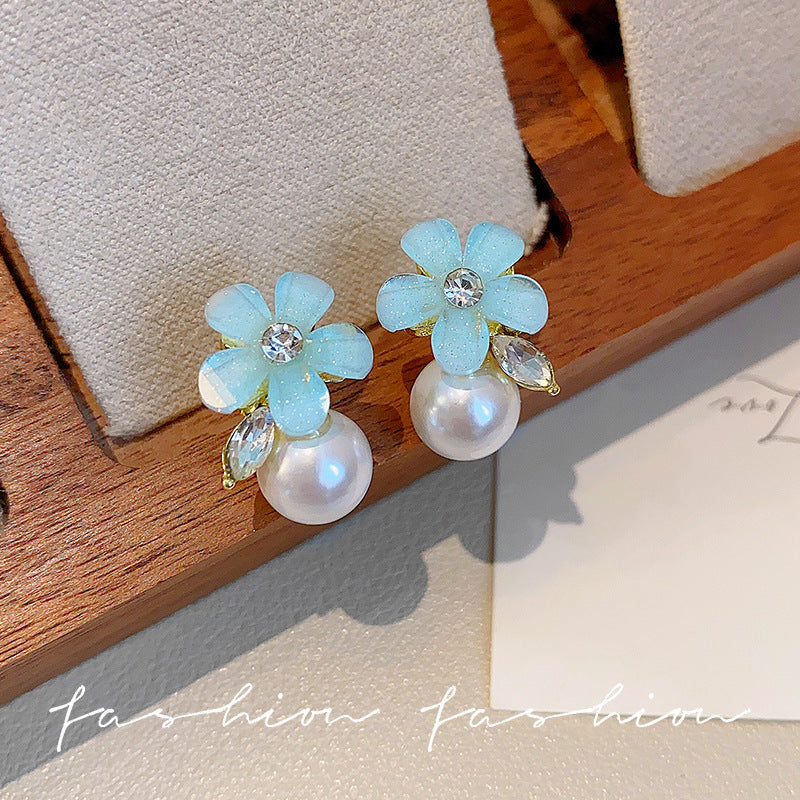 S925 sterling silver needle iced blue floral pearl stud earrings - elegant, chic, and trendy earrings for women
