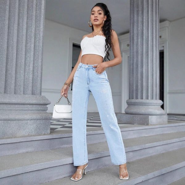 TC70116 #European and American   Women's Hot Diamond Star Straight Pants Jeans