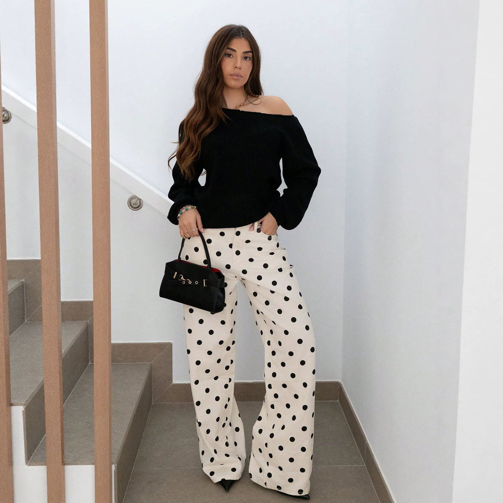 European and american retro polka dot print wide leg jeans women's high waist drapey loose floor-length american style straight leg pants