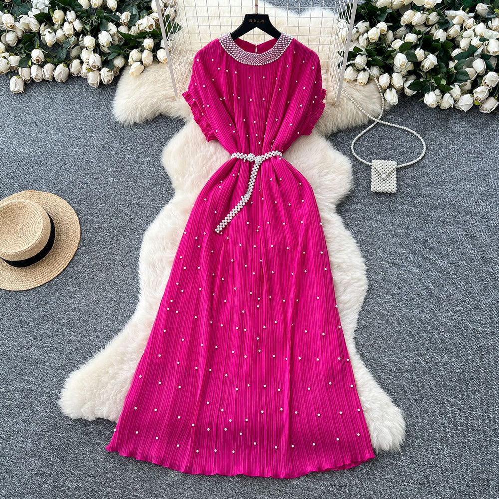 Frenchclassyelegant heavy industry beading round neck short sleeve pleated dress women's summer waist slimming lookelegant long skirt