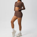 New arrival cross-border brushed tight-fitting fitness wear, nude-feeling quick-drying sports shorts suitslimming look yoga wear three-piece set for women