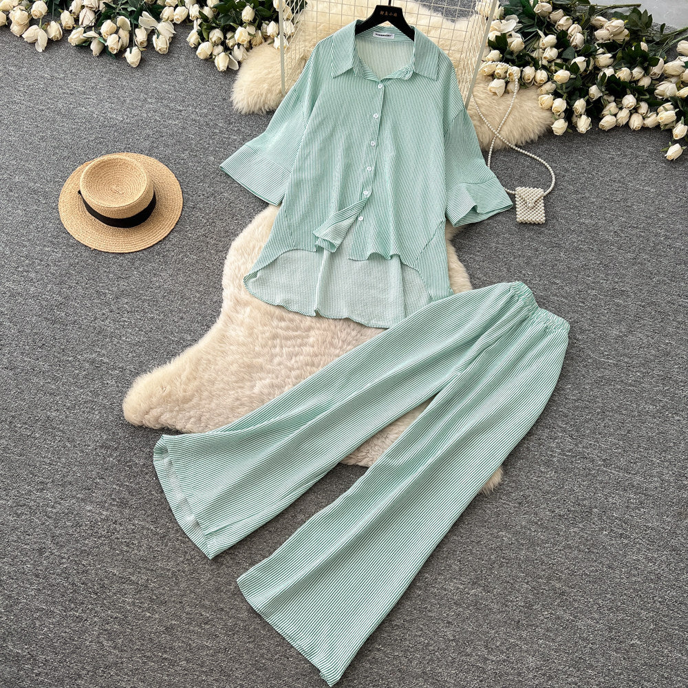 Lazy style stripesshirtloose pantstwo-piece set female summer lapel casualcasualelegantsuitsense of design