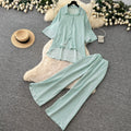 Lazy style stripesshirtloose pantstwo-piece set female summer lapel casualcasualelegantsuitsense of design
