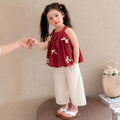 Girls' summer outfit  new style: trendy red halter top and korean style denim shorts two-piece set for little girls