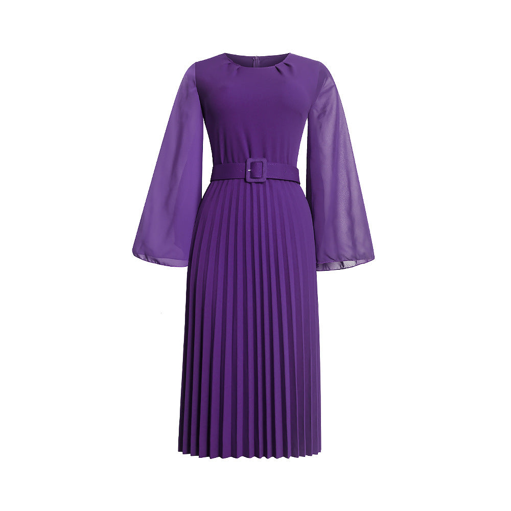 Aliexpress  new long sleeve midi solid color dress african women's plus size pleated skirt with belt