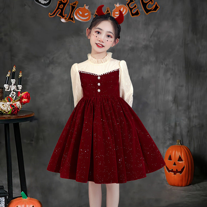 Halloween girls' dress, little girl's autumn/winter princess dress, kids' skirt, birthday chic red piano performance dress