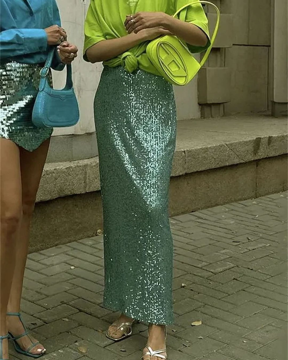 2025 european and american new fashion high-waisted slimming sequin midi skirt - women's elastic waist, back slit, stretch straight-leg long skirt