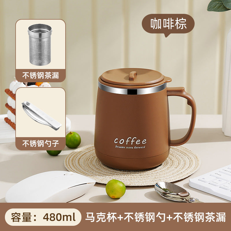 304 stainless steel mug with lid, creative logo design, high-value aesthetic, includes tea infuser, office coffee cup, wholesale gift option