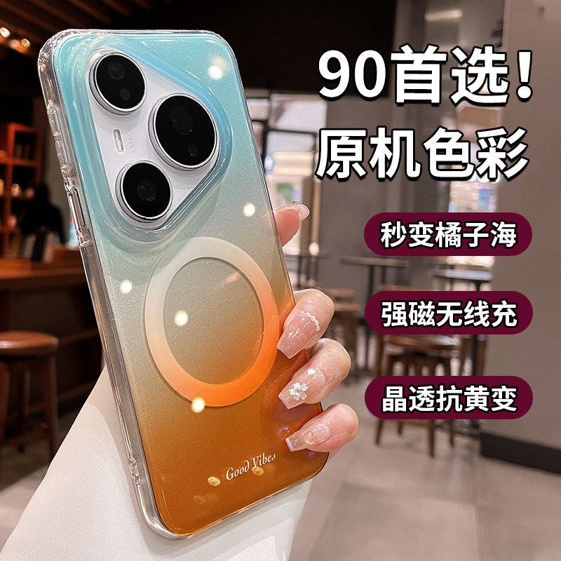 Ombre gradient case for huawei p90 pro, crystal clear ice mist magnetic orange soda mate 80 protective cover