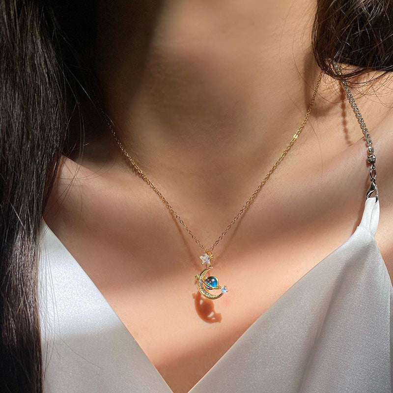 Planet pendant wholesale european and american cross-border jewelry fashion diamond-encrusted clavicle chain women's niche star moon alloy necklace
