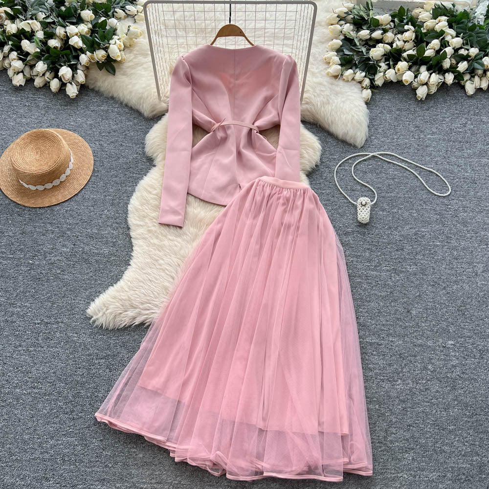fashionspring & fallelegancesuit women's metal nail diamond long sleeves suit outwear + high waist mesh half length skirt