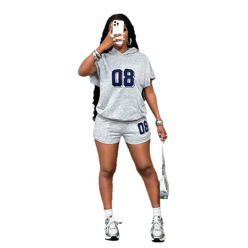 New casual activewear solid color printed letter loose fit hoodie sweatshirt women's  summer set