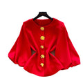 Retro style round neck woolenoutwear women's medium longwoolen metal button waist elegantwork clothing light mature style coat