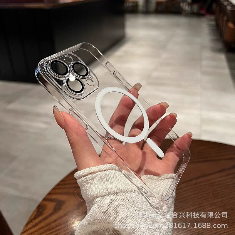 Iphone17/16promax mobile phone case pc hard case magnetic transparent with lens film suitable for apple 14/13 set