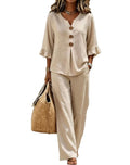 european and american cross-border e-commerce women's new casual button-down v-neck ruffle trim three-quarter sleeve top and pants set