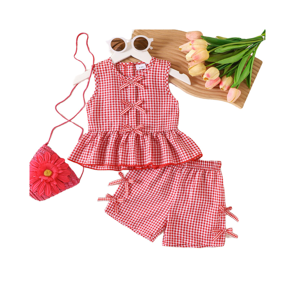 Children's clothing  fashion children's clothing cross-border red plaid tops+shortssuit