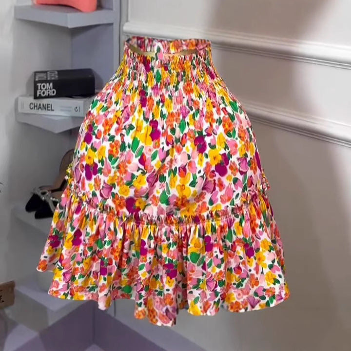 Printed floral shirred waist bow tie sexy european and american african  set skirt and top