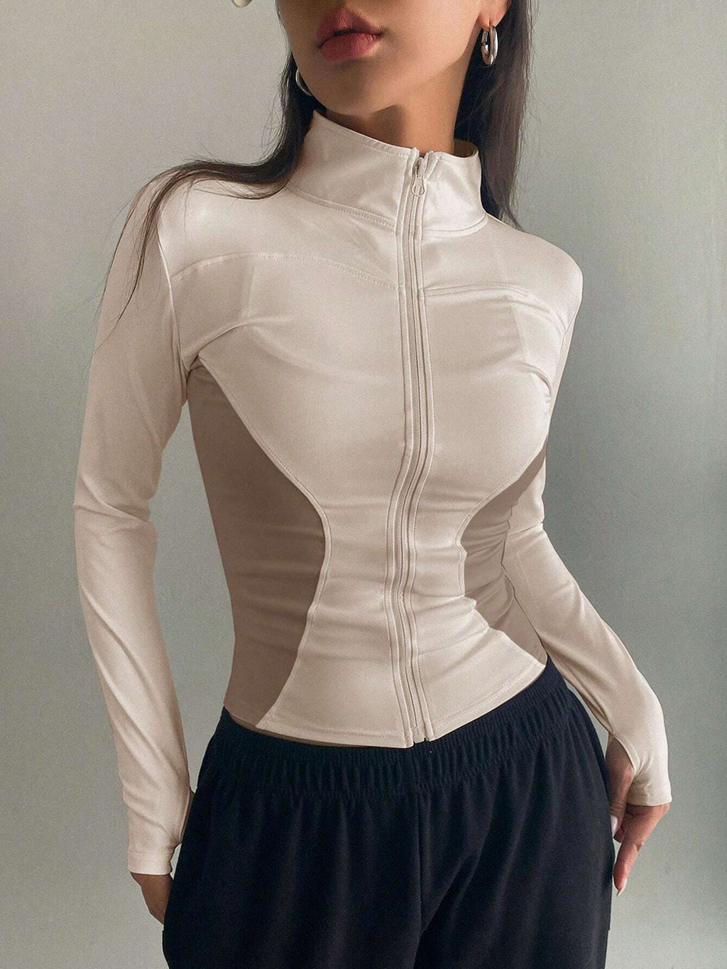 Pre-sale  European and American style Spice Girl stand-up collar zipper waist long-sleeved yoga jacket women's casual and thin sports top