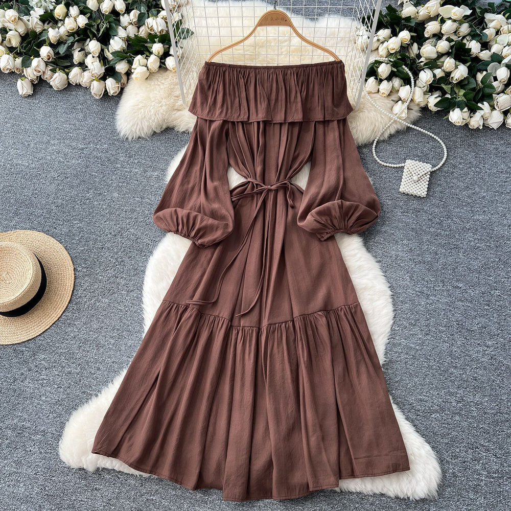 French chic one-shoulder ruffle trim lantern sleeve bodycon midi dress