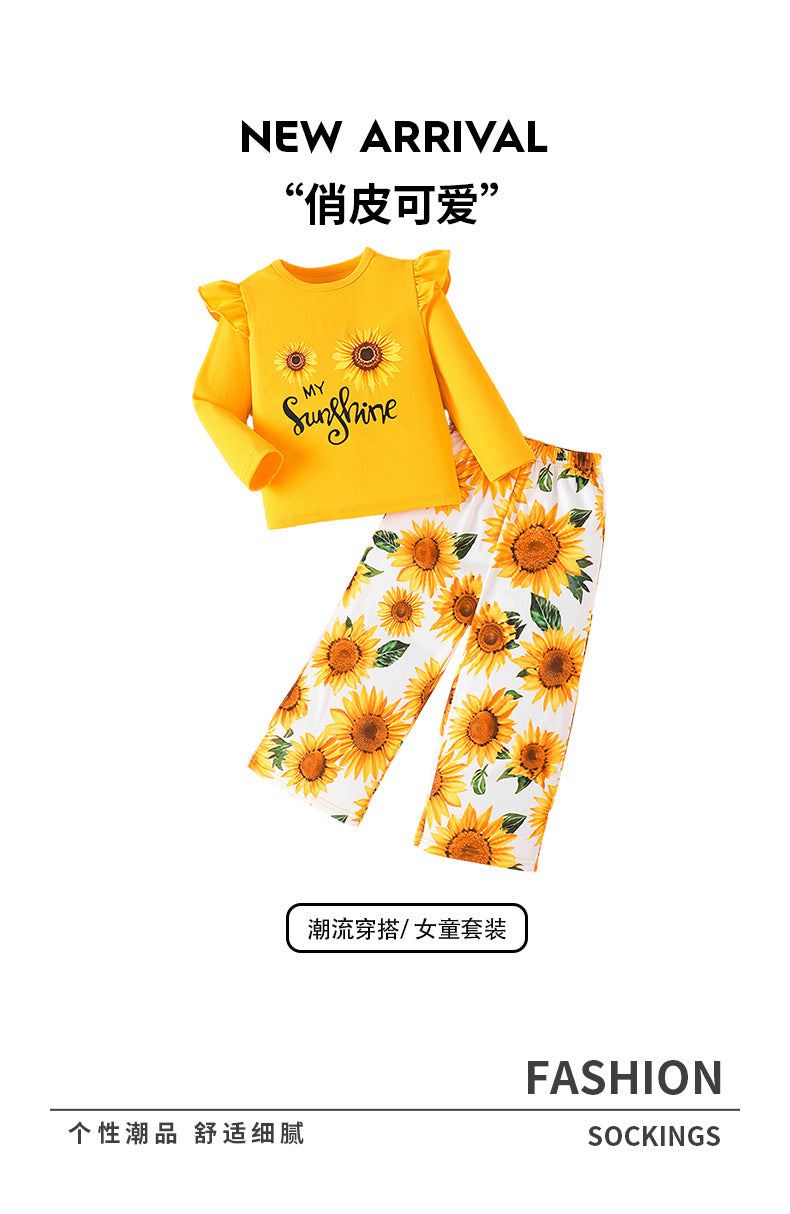 Girls' autumn two-piece outfit: yellow flutter sleeve top with sunflower & letter print pants set