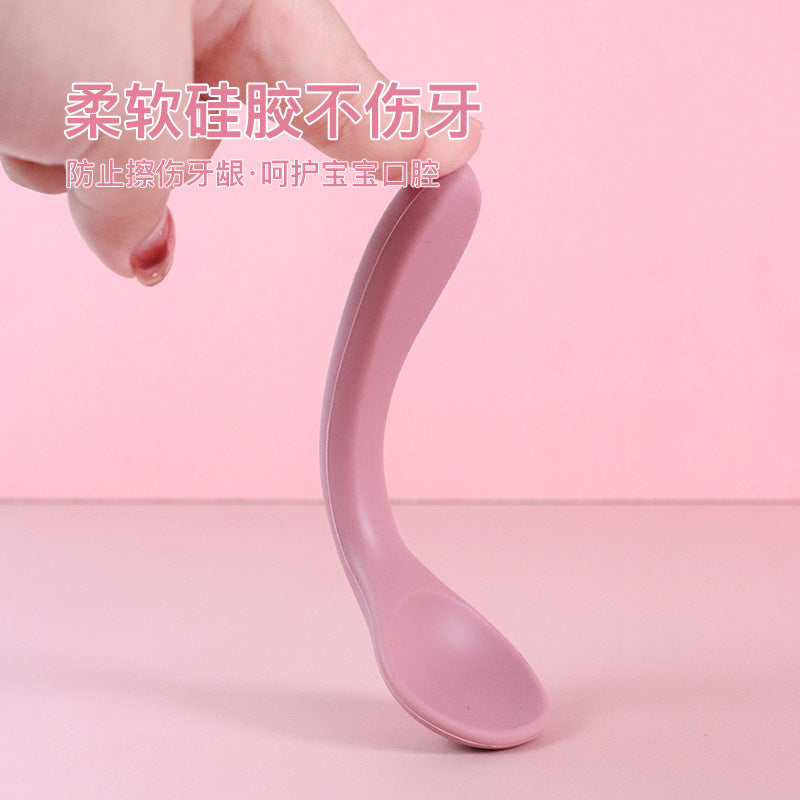 Children's fork and spoon Silicone soft spoon Baby independent eating training spoon Straight handle fork and spoon set Supplementary food feeding tableware