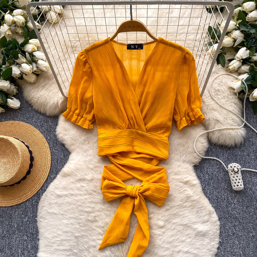 French work clothing style v neck strap elegantshirt women's summer short-sleeved waist design nichetops