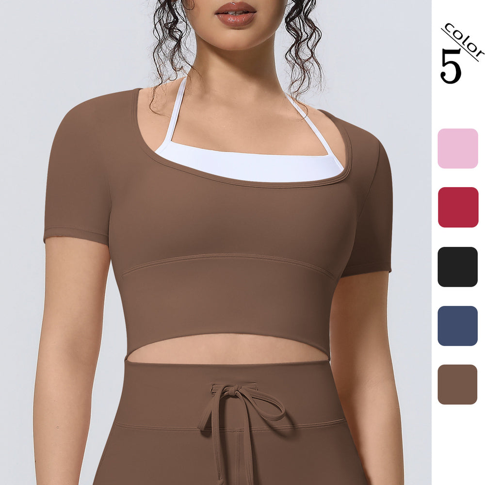 New arrival cross-border nude double-piece fake two-piece pure color short-sleeved t-shirt tops tight sports running fitness yoga clothes