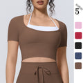 New arrival cross-border nude double-piece fake two-piece pure color short-sleeved t-shirt tops tight sports running fitness yoga clothes