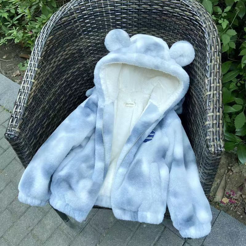 Winter fur faux fur kids' coat - warm, thickened, plush, faux rabbit fur hooded cotton-padded jacket for girls (mid-size)