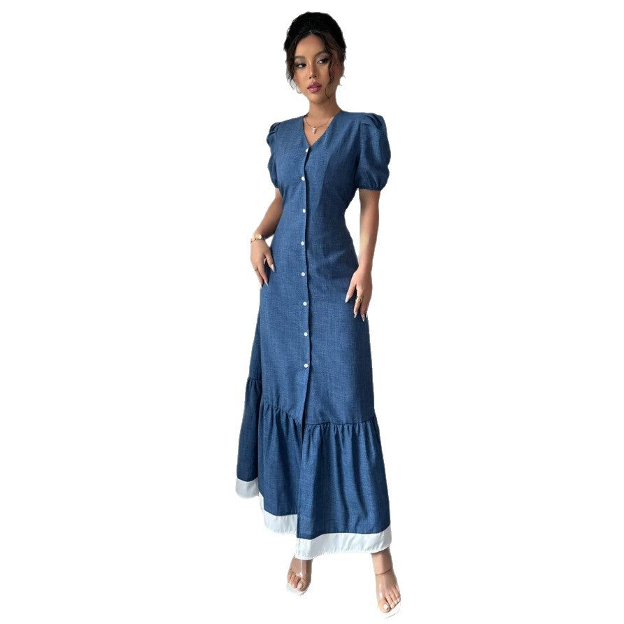 European and american   summer gentle first love style slim fit button-down waist-defining lace-trimmed maxi dress