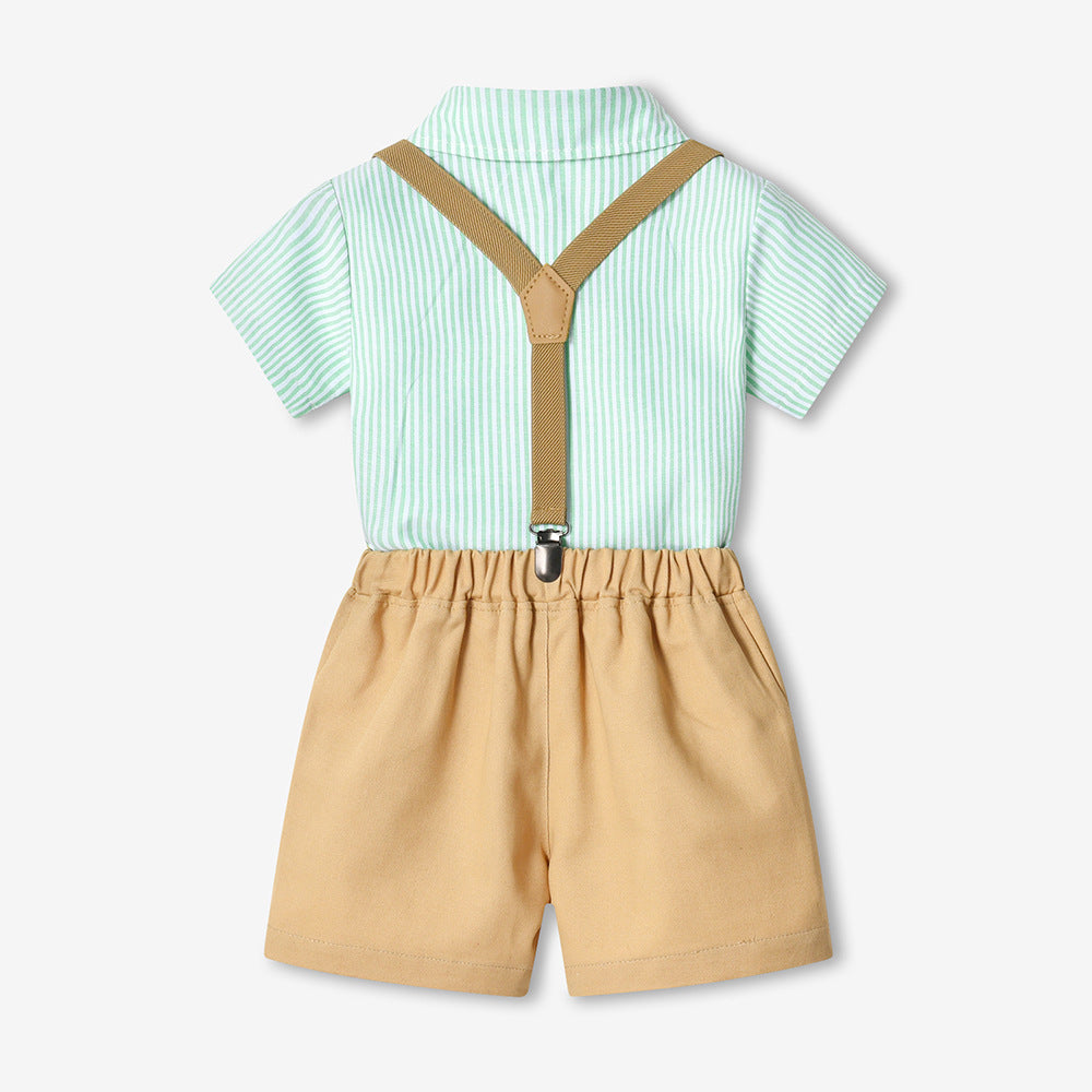 Boys' summer outfit set, new cotton short-sleeve striped shirt, first birthday dress, wholesale summer children's clothing