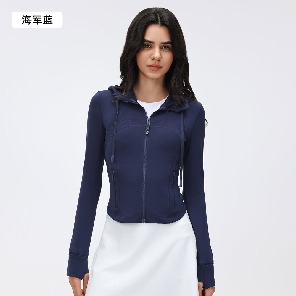 New women's windproof drawstring hooded yoga jacket - cropped, slim-fit, running & fitness jacket d25180