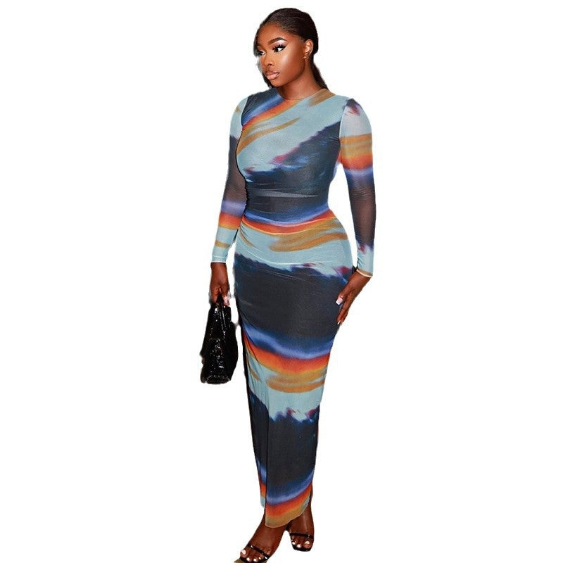 European and american style cross-border printed bodycon mini dress - round neck, long sleeve, color block, graphic print, unique women's fashion
