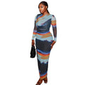 European and american style cross-border printed bodycon mini dress - round neck, long sleeve, color block, graphic print, unique women's fashion