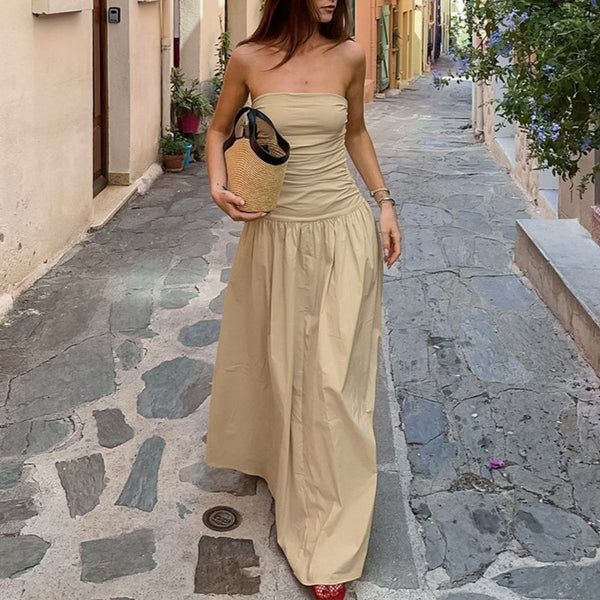 Pure desire wind pure cotton slim-fit shrunken pleated sleeveless vest tube top dress women's high-end elegant strapless evening dress