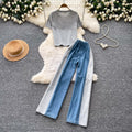 Hong kong style retropatchwork denim lazy two-piece set for women summerslimming lookhigh waistloose pantswork clothingelegantsuit