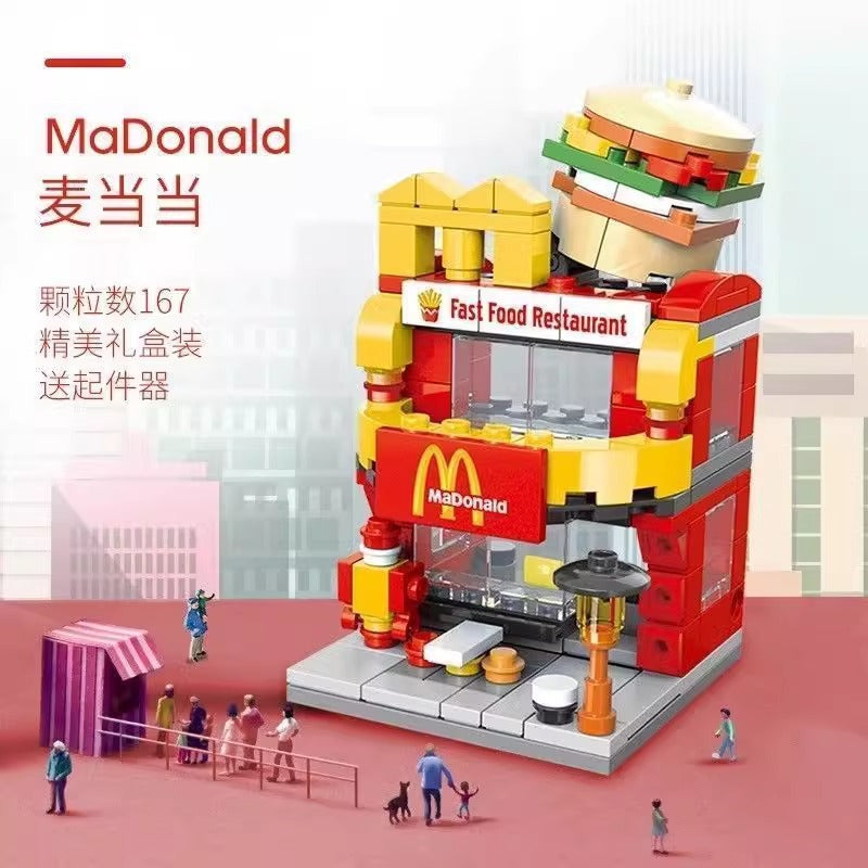 Street view city building blocks mini fast food beverage commercial street compatible with lego boys and girls educational assemble toy gift