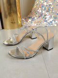 2025 summer evening breeze fairy single strap chunky heel sandals - women's french rhinestone ankle strap high heels with snake print