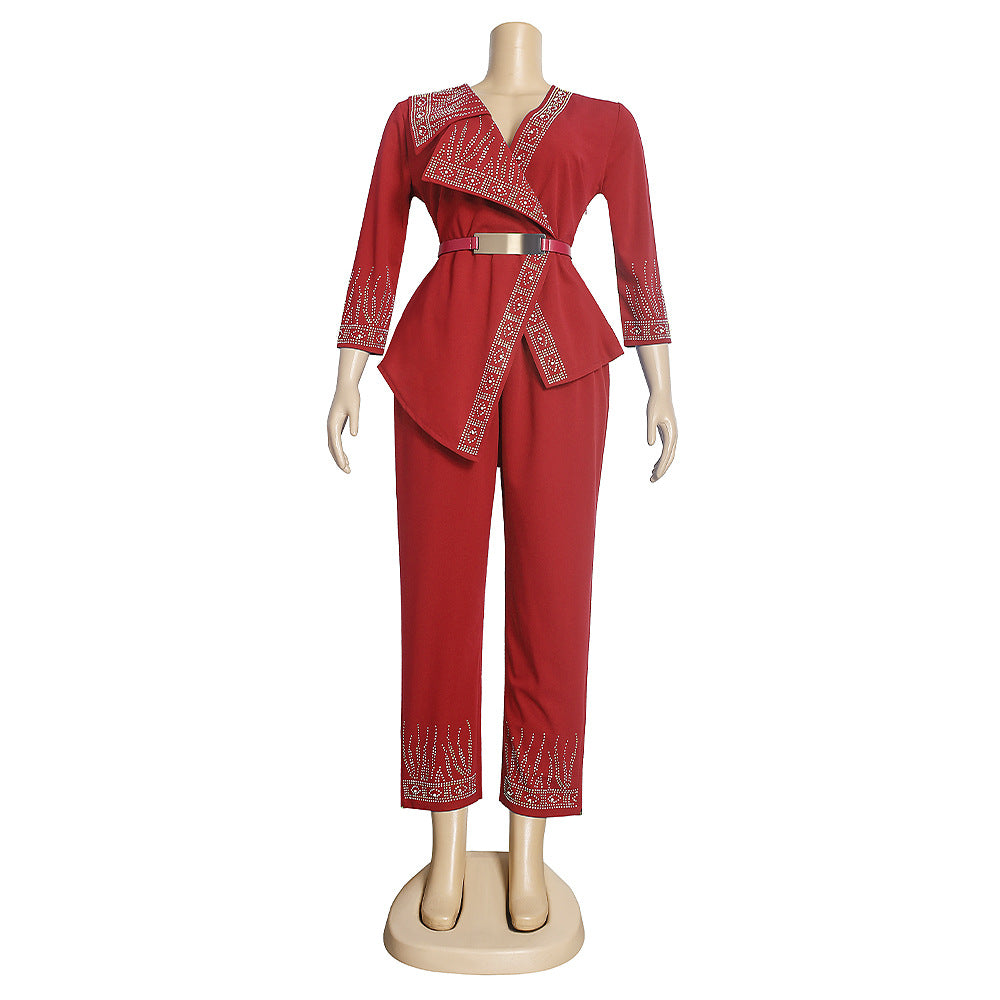 African   new arrival  hot diamond beaded tops pants waist two-piece set olwork clothing women's clothing