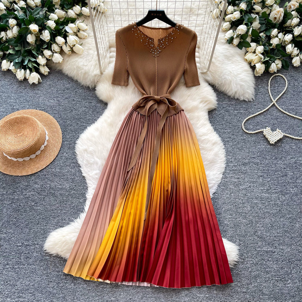 Elegant v-neck gradient color dress - women's summer korean style, slimming a-line pleated maxi dress with drape