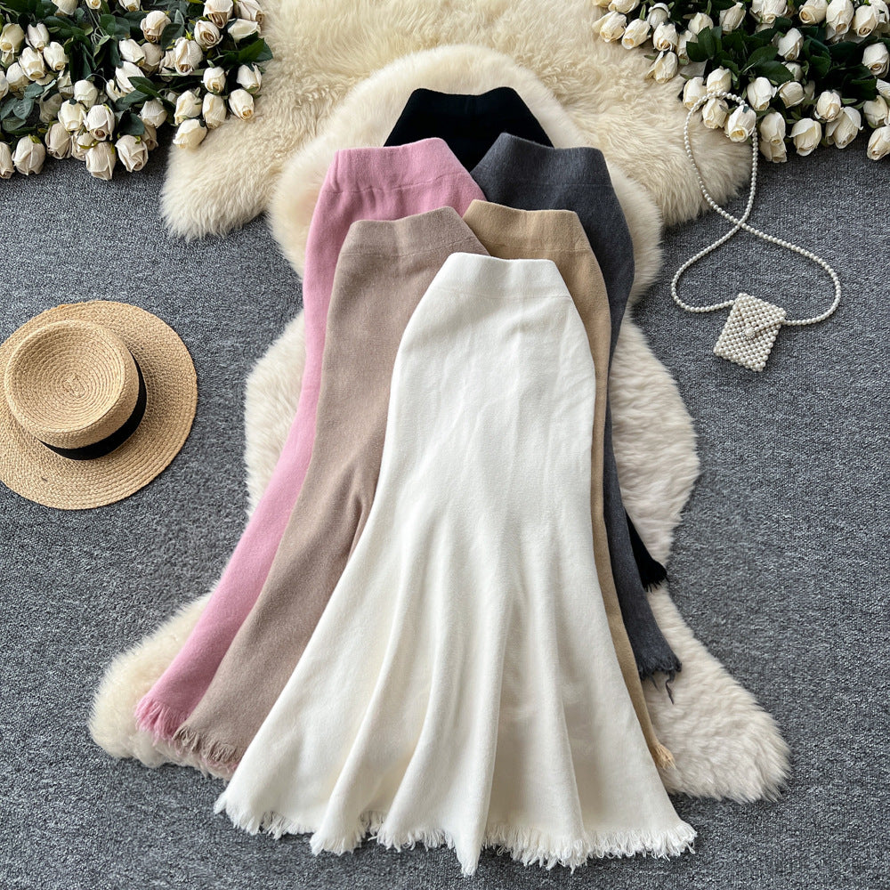 Frenchhigh waisteasiest for match skirt women fall and winter2025new arrivalclassy slimming look silm tassel fishtail knitting skirt