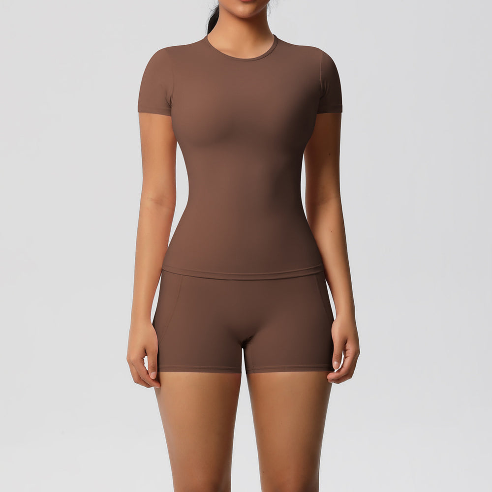 New arrival cross-border fashionpure color double-sided nylon brushed short-sleeved yoga suit sports running fitness two-piece set