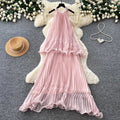 French halter sleeveless sweet age-reducing pleated dress women's summer high waist cake skirt fairy vacation style long skirt
