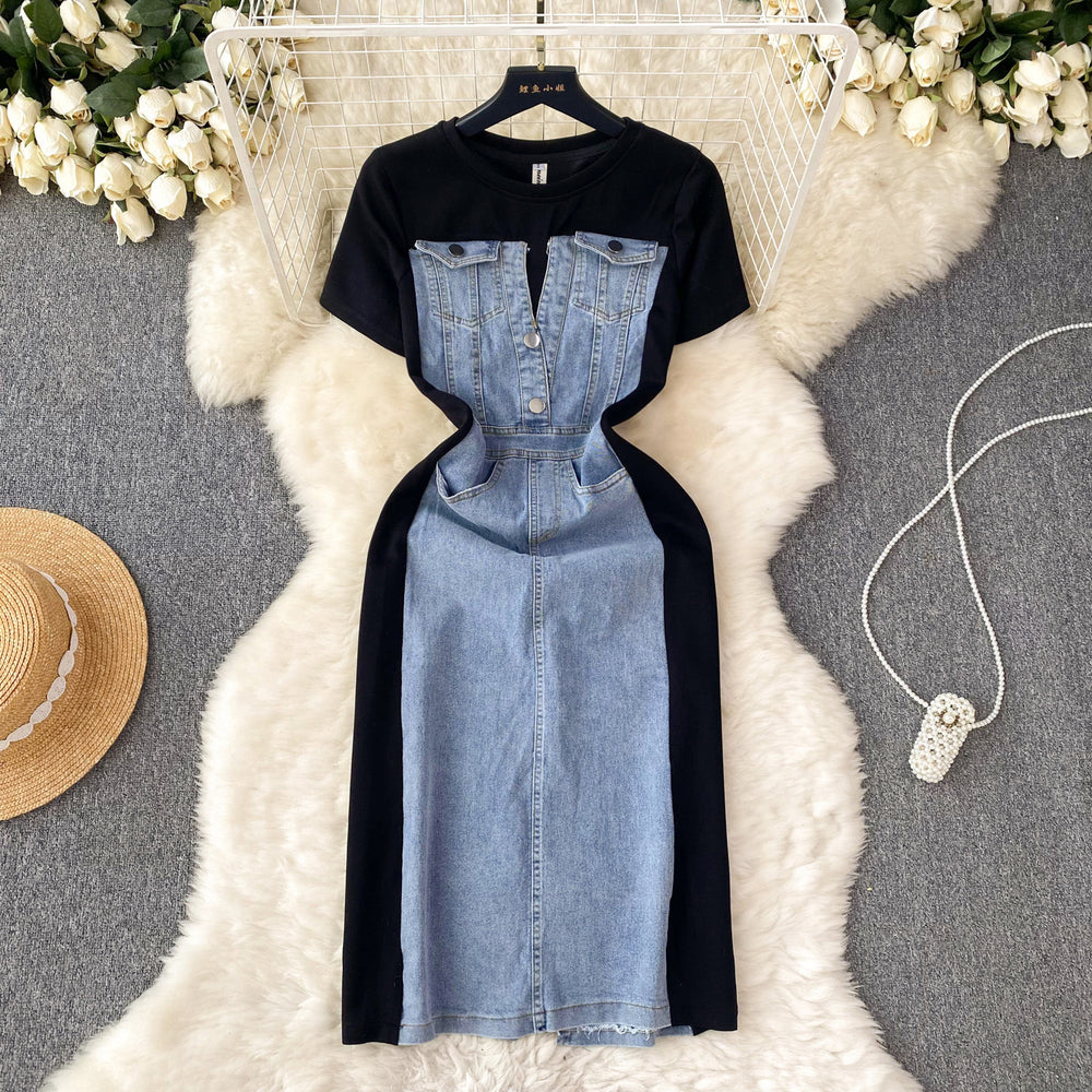 new trendy round neck short sleeve patchwork denim dress - women's high-end slim fit faux two-piece maxi dress